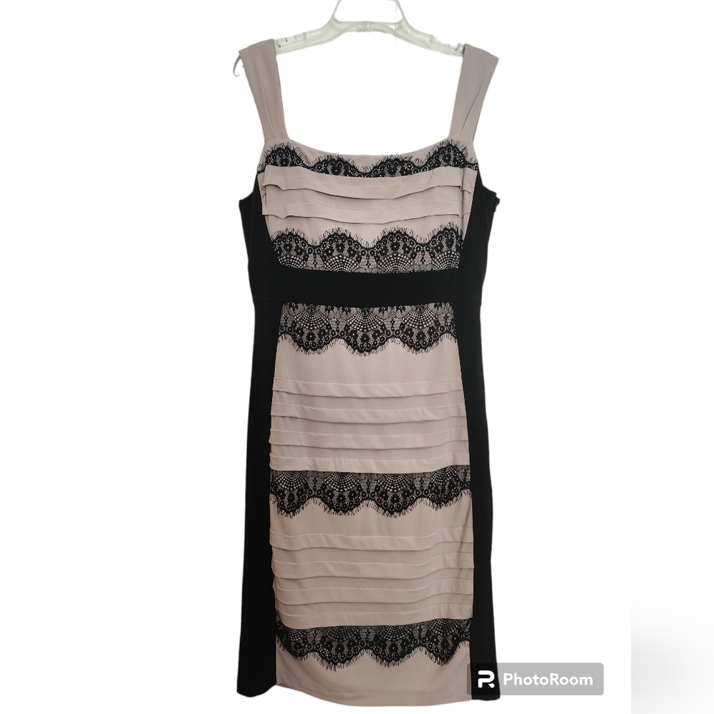 Jax Black Scallop Lace Overlay Tan Sleeveless Cocktail Party Dress Sz 10